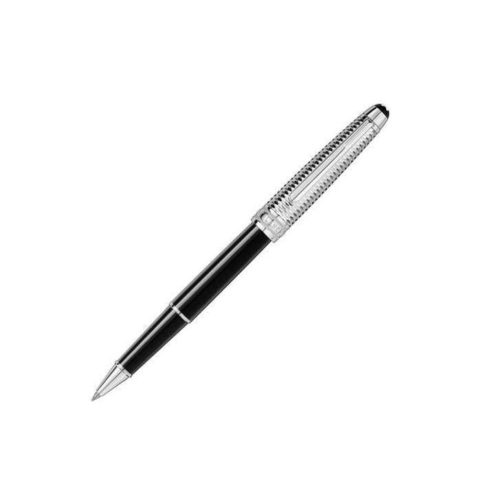 This Montblanc platinum-coated rollerball pen has a barrel made from black precious resin.