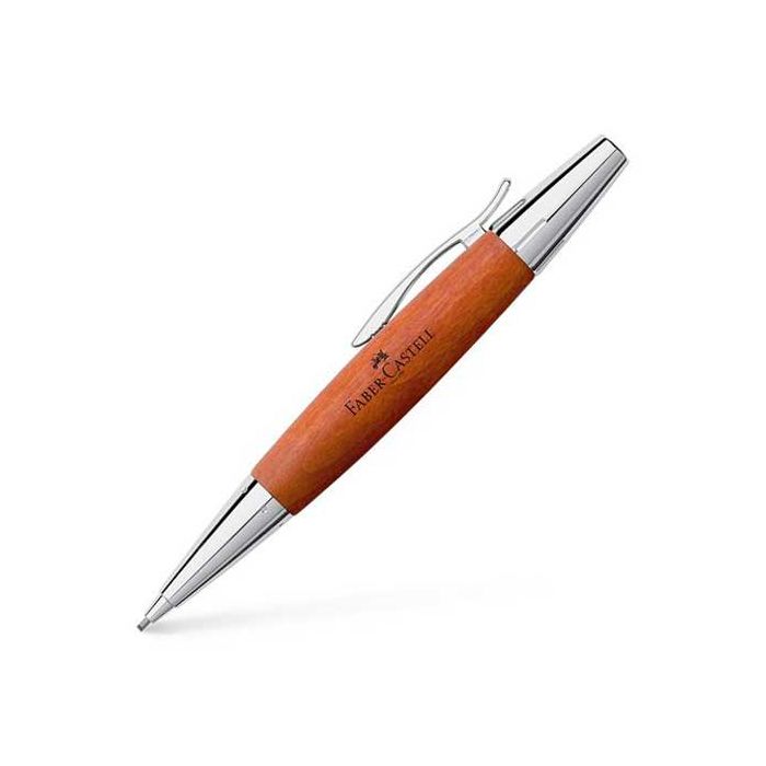 The Faber-Castell, E-motion, Pearwood Light Mechanical Pencil uses a twist charge mechanism, fitted with a spring-loaded storage clip and features the Faber-Castell name along the smooth wooden barrel. 