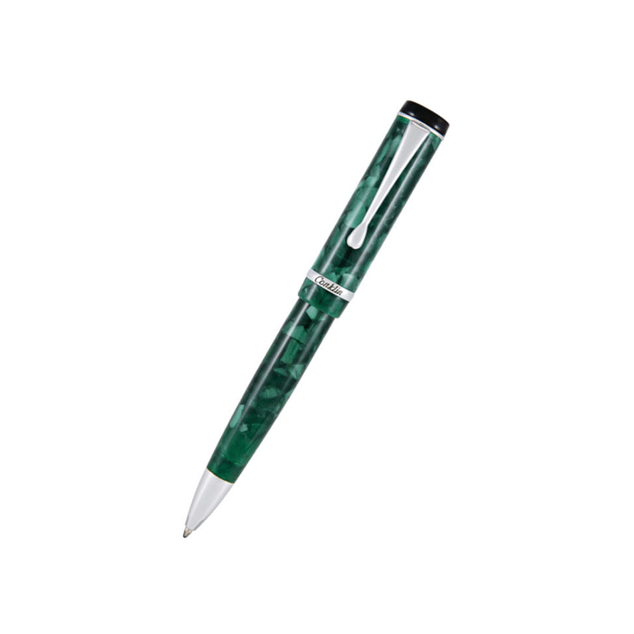 This Conklin Duragraph Forest Green and Chrome Ballpoint Pen has the Conklin brand name engraved on a chrome band. 