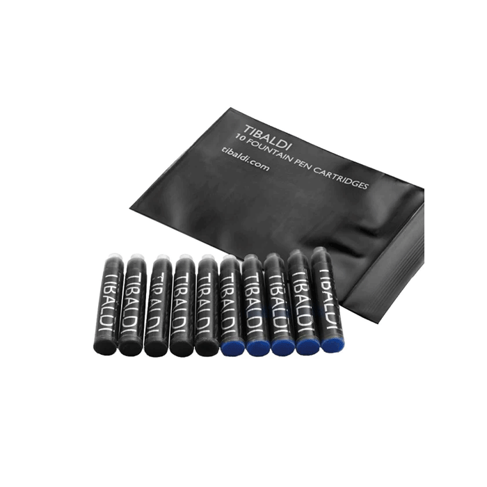 This Pack of 10 Blue & Black Fountain Pen Cartridges by TIBALDI comes in a small black pouch.