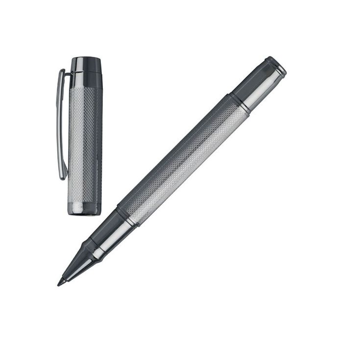 The Bold chrome-plated rollerball pen from Hugo Boss with pen cap removed.