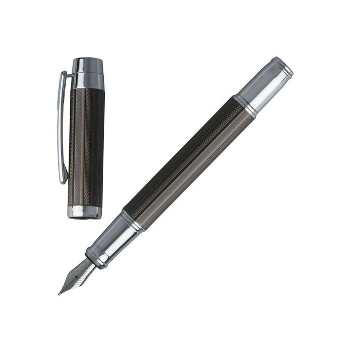 A Full view of the Hugo Boss black Bold chrome fountain pen with cap removed.