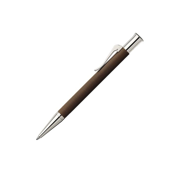 The Graf von Faber-Castell, Cognac Guilloche Ballpoint Pen with silver-toned trim and click release mechanism.