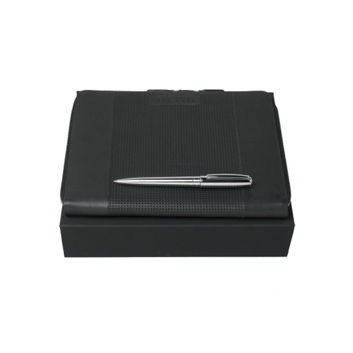 The black leather A5 folder and Essential ballpoint comes in a Hugo Boss gift box.
