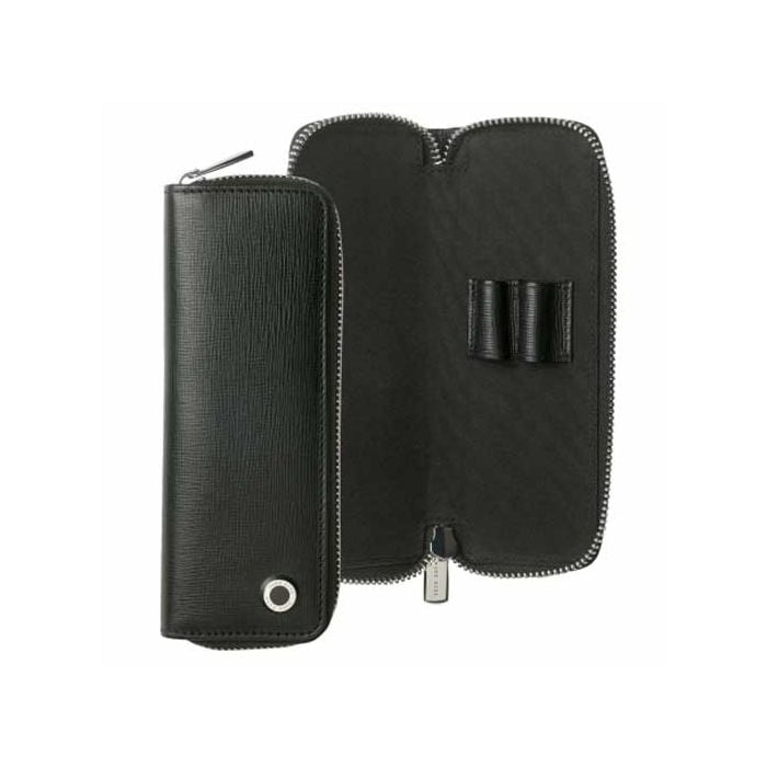 An open and closed view of the Tradition two pen pouch in black by Hugo Boss.
