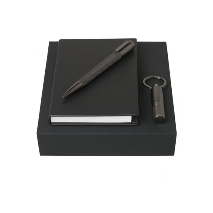 Black A6 notepad, Pure ballpoint pen and keyring USB set by Hugo Boss.