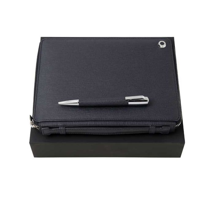 Hugo Boss, Tradition Dark Blue Leather gift Set includes a twist mechanism ballpoint and A5 conference folder, both finished with chrome trim. 