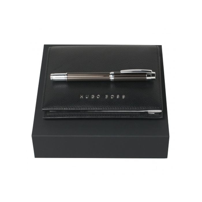 A6 black textured leather and Bold rollerball gift set by Hugo Boss.