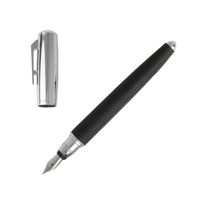 The Hugo Boss, Tradition, Black Leather Fountain Pen with a steel nib and chrome plated trim.