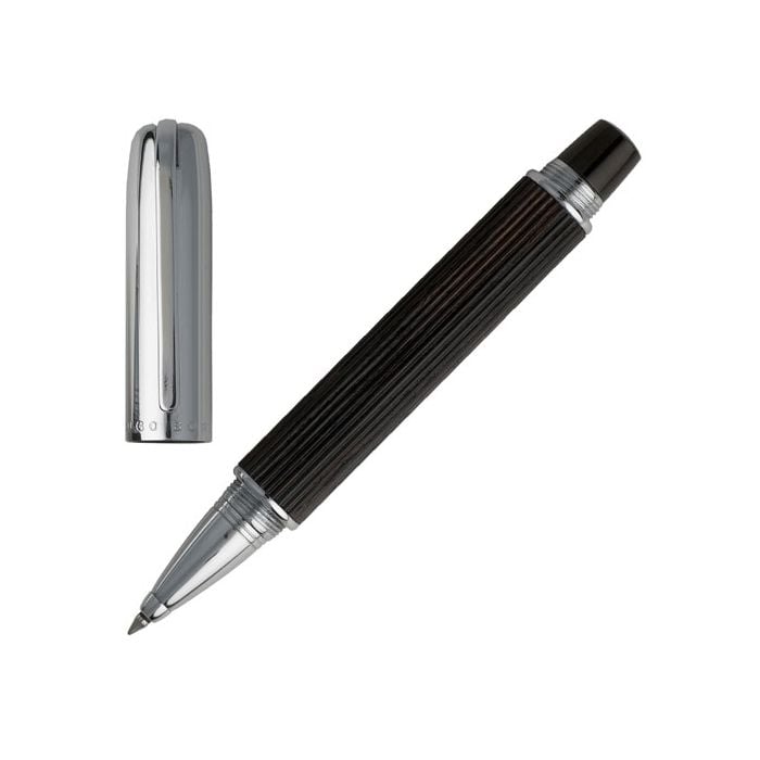 A full view of the Hugo Boss Timber brown wooden rollerball Pen with screw on cap removed