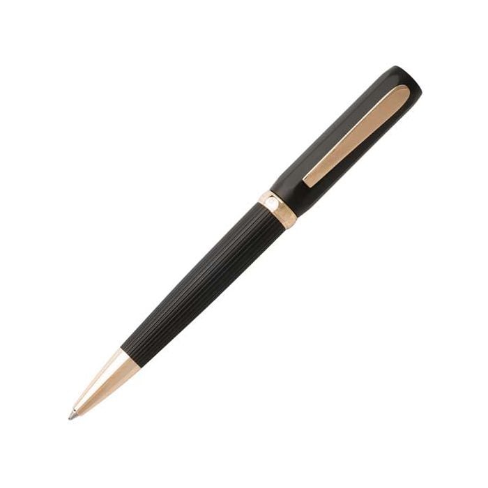 The Hugo Boss, Grace, Black Aluminium & Rose Gold Ballpoint Pen uses a twist release mechanism and dual design finish.
