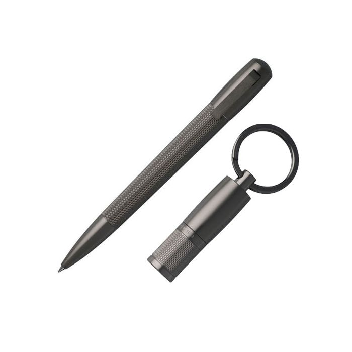The Pure USB keyring and ballpoint pen set in dark chrome by Hugo Boss.