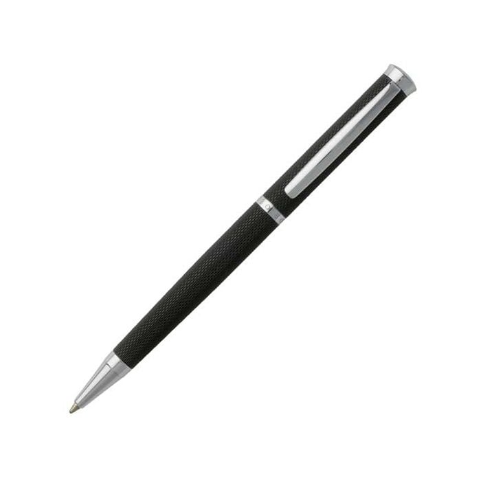 The Hugo Boss, Black Diamond Lacquer Ballpoint Pen with Chrome Trim features a Hugo Boss engraved mid band, twist mechanism, intricately engraved body and highly polished trim. 