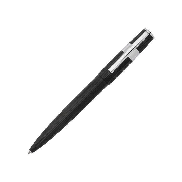 This Hugo Boss Gear Pinstripe Black & Chrome Ballpoint Pen has a matte texture with polished chrome trims. 