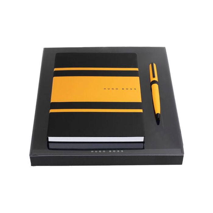 This Gear Matrix Yellow Ballpoint Pen & A5 Notebook Set was designed by Hugo Boss. 