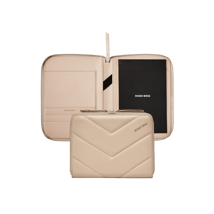 This Hugo Boss Triga Nude PU Leather Conference Folder A5 has a stitched pattern on the exterior. 