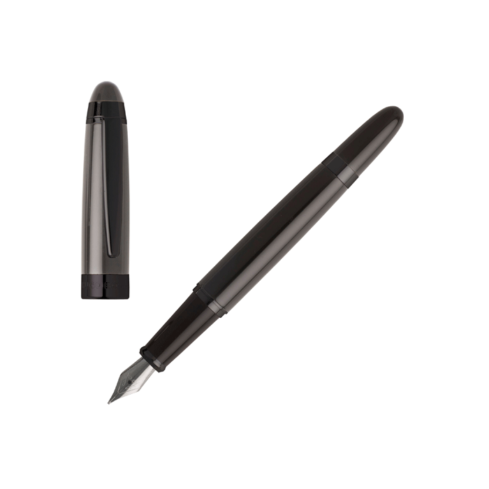 This Hugo Boss Icon Fountain Pen Grey & Gunmetal is made with brass and a polished silver nib.
