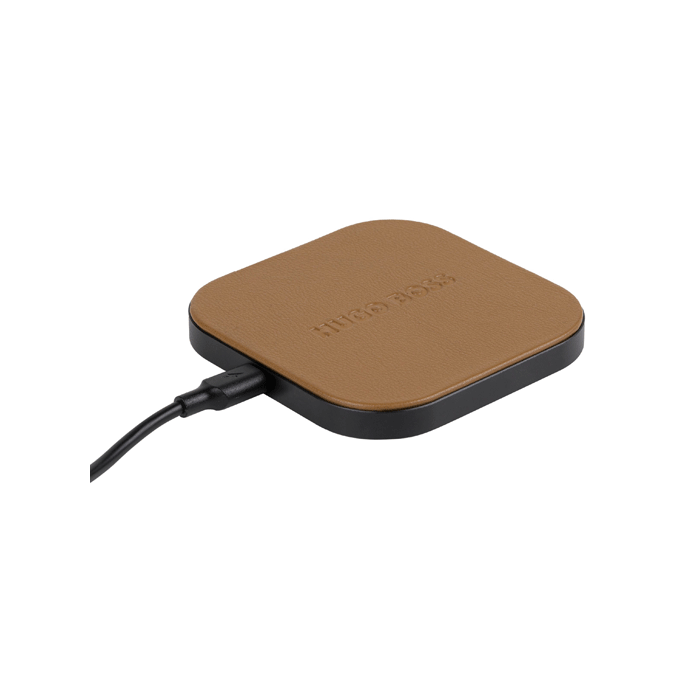 This Hugo Boss Iconic Wireless Charger in Camel is made with Aluminium. 
