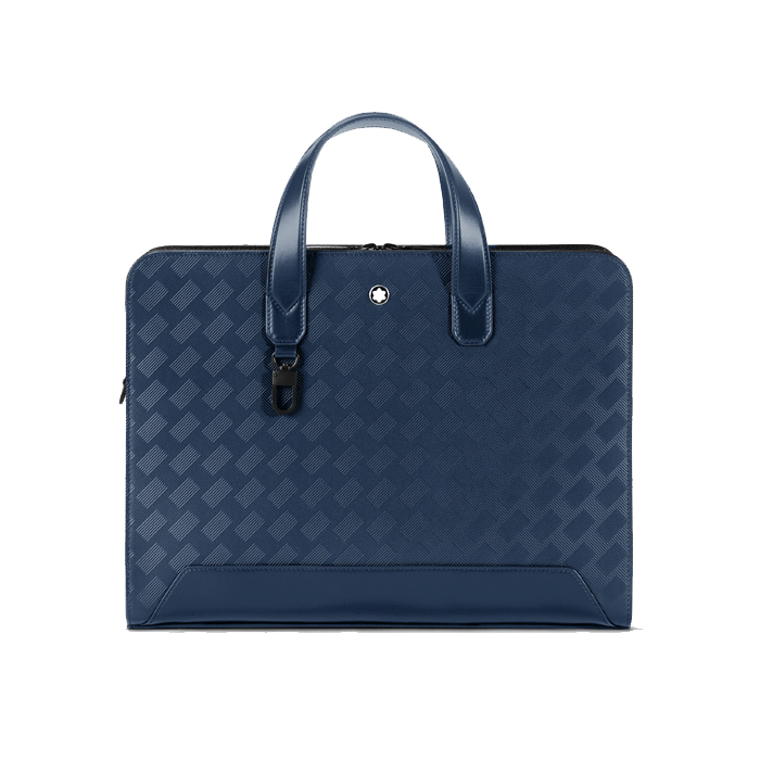 Montblanc's Extreme 3.0 Slim Document Case in Ink Blue has top handles in matching blue leather.