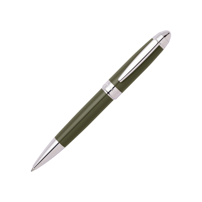 This Icon Ballpoint Pen in Khaki and Chrome by Hugo Boss has a brass barrel with a khaki green lacquer coating. 