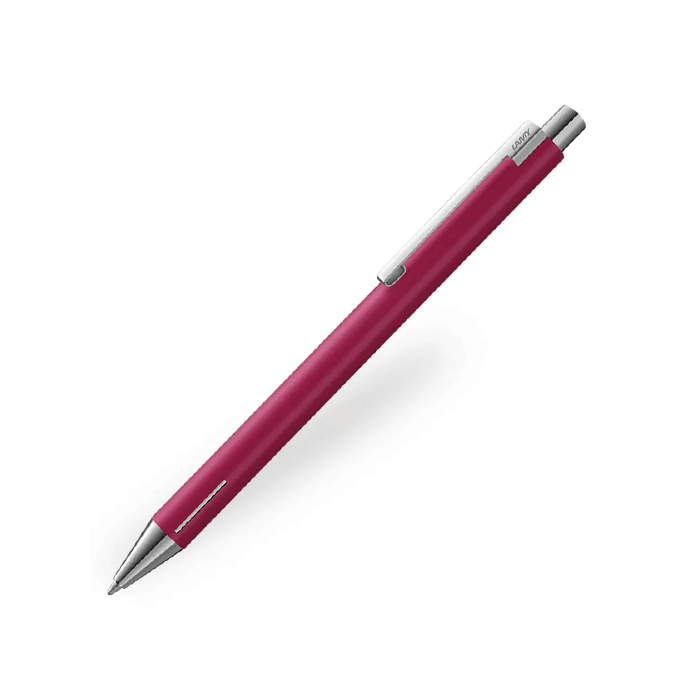 LAMY's Econ Ballpoint Pen Special Edition Raspberry Pink has a matte barrel that contrasts the shiny chrome trims. 