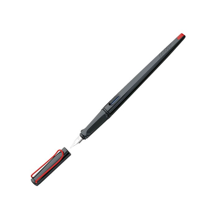 The LAMY black 1.9mm calligraphy fountain pen in the Joy collection has a vibrant red clip.