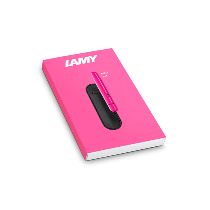 LAMY's Pico Ballpoint Pen Set in Neon Pink comes with a leather case. 