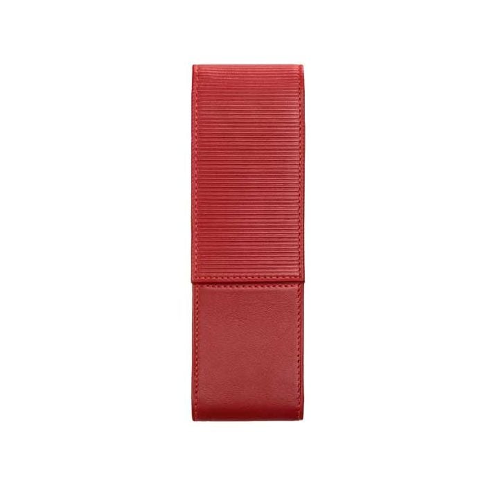 This Lamy pen pouch is made from a red smooth and textured leather material.