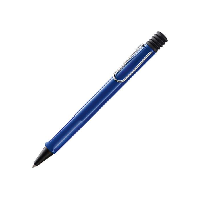 The LAMY Safari blue ballpoint pen has black plastic trim in the form of its cone and click-button.