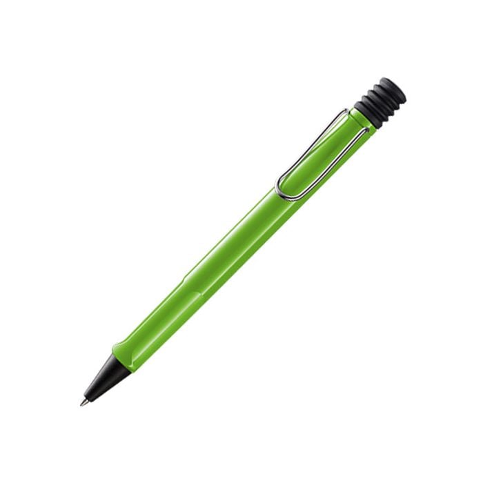 The LAMY Safari Green ballpoint pen has black plastic trim in the form of its cone and click-button.