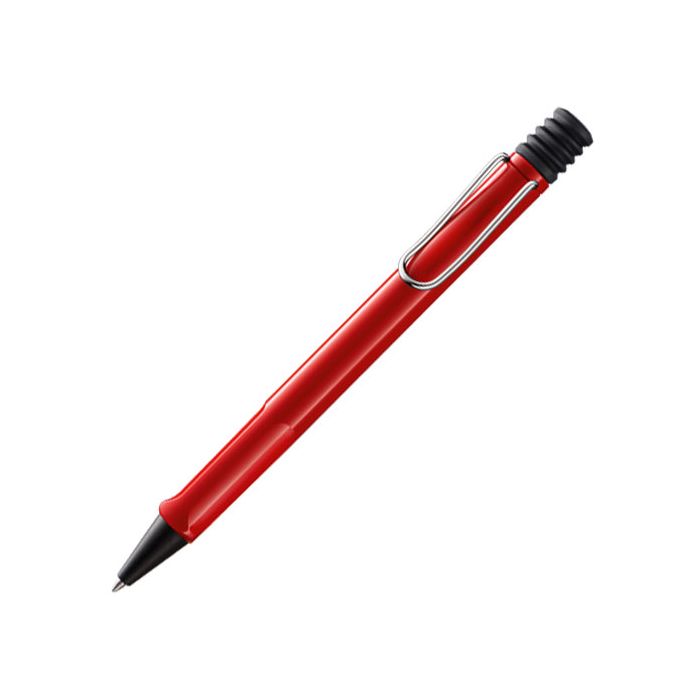 The LAMY Safari Red ballpoint pen has black plastic trim in the form of its cone and click-button.