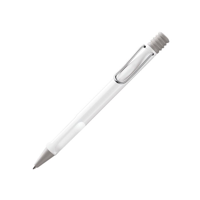 The LAMY white ballpoint pen in the Safari collection has a simple click-button mechanism with grey spring style exterior.
