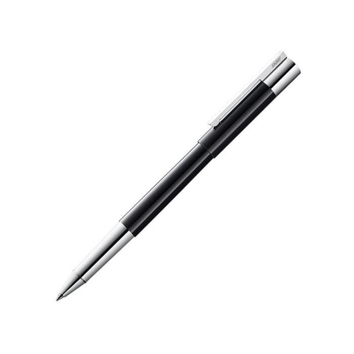 The LAMY black rollerball pen in the Scala collection has chrome-plated trim.