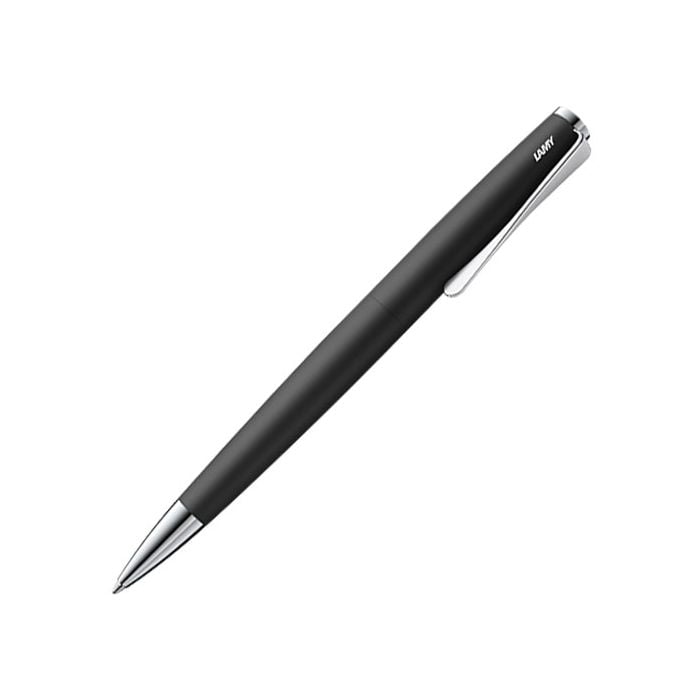 The LAMY matt black lacquered ballpoint pen in the Studio collection has a flexible propeller shaped clip.