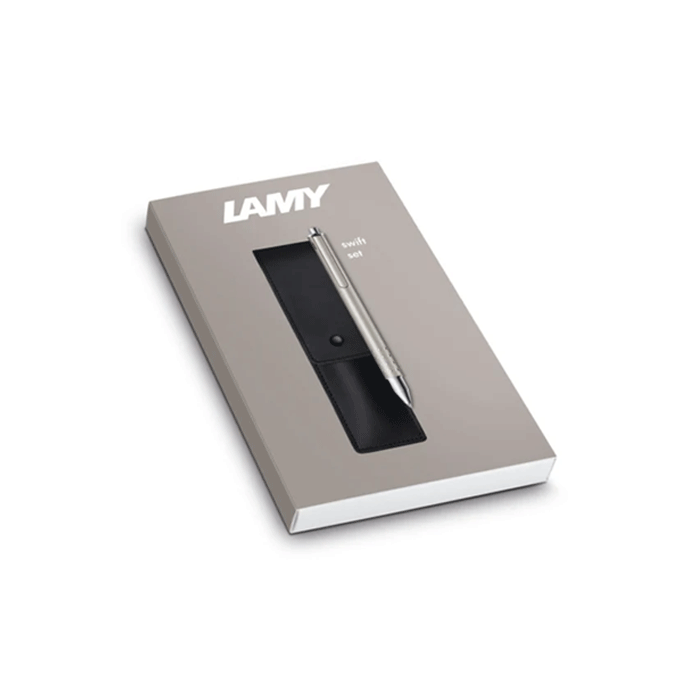 This Swift Rollerball Pen & Leather Case Set by LAMY comes in a presentation box. 