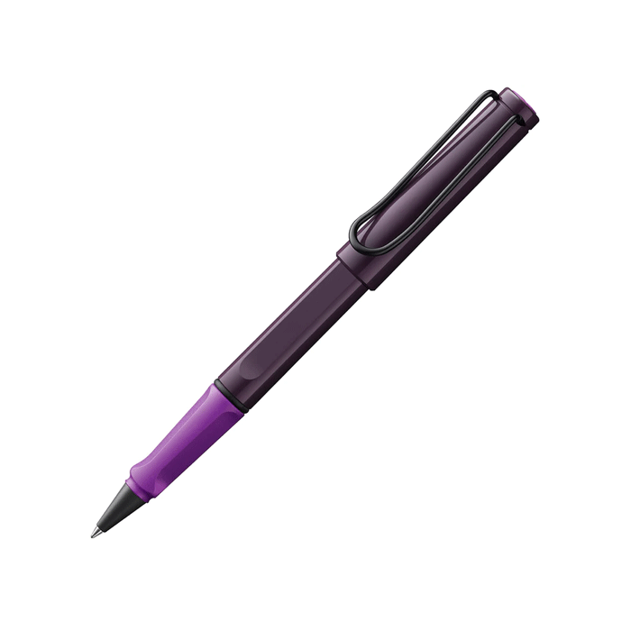 This LAMY Safari Violet Blackberry Rollerball Pen Special Edition has a glossy barrel and cap with a matte exterior at the grip.