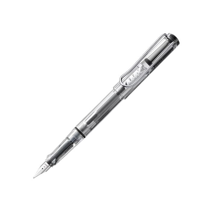 The LAMY transparent non-fade plastic fountain pen in the Vista collection has a stainless steel nib.