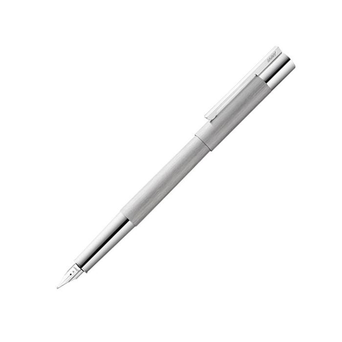 The LAMY, Scala, Brushed Stainless Steel Fountain Pen with linished steel finish, polished steel nib and LAMY engraving.