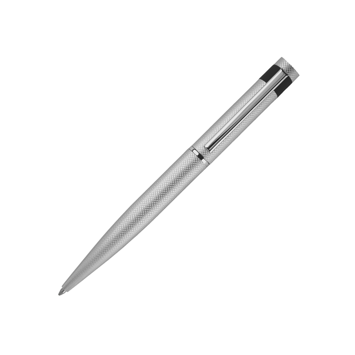 This Hugo Boss Chrome Loop Diamond Ballpoint Pen has an intricate pattern with polished chrome accents.