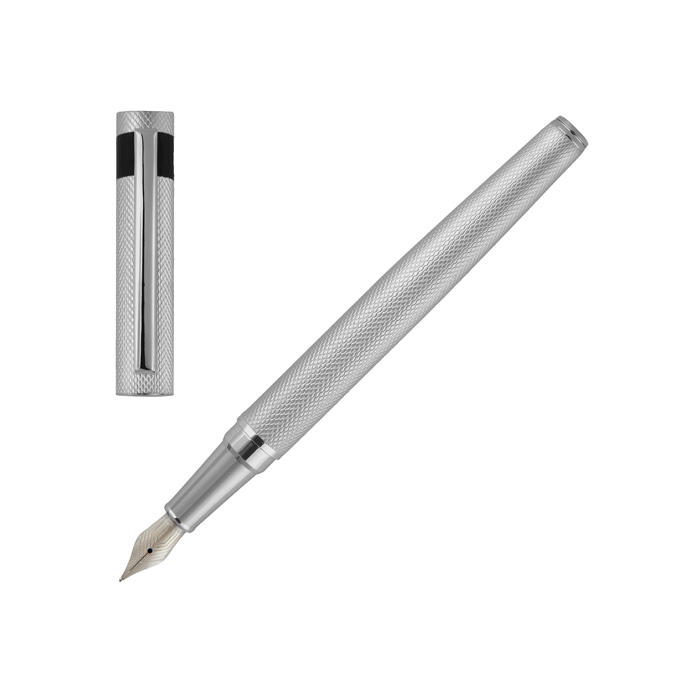 Hugo Boss Loop Diamond Chrome Fountain Pen with an intricate pattern on barrel and cap. 
