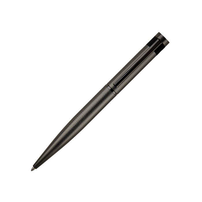 This Hugo Boss Loop Diamond Ballpoint Pen in Gunmetal has an intricate design on the barrel and cap.