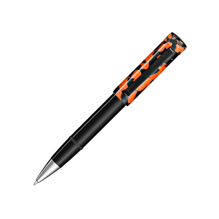 This Perfecta Rich Black and LP Vinyl Orange Ballpoint Pen by TIBALDI has a contrasting orange and black pattern and a black clip that is made out of rubber.
