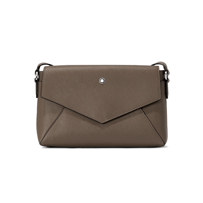 This Montblanc Sartorial Double Cross Body Bag in Mastic Brown has a front flap closure into the main compartment.