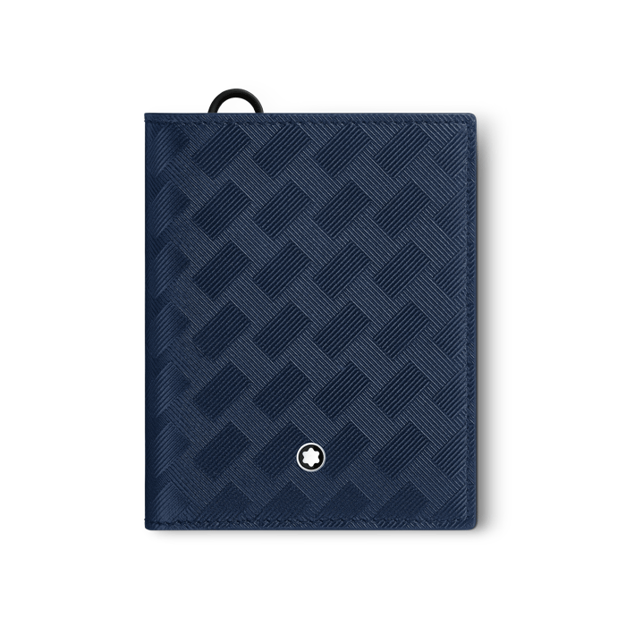 Montblanc's Extreme 3.0 6CC Compact Wallet in Ink Blue has the snowcap emblem.