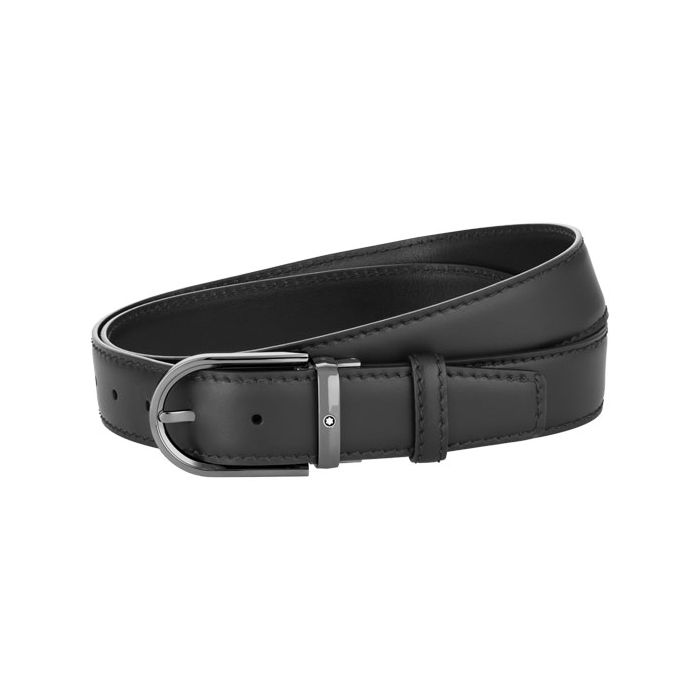 This is the Ruthenium Black Leather Horseshoe Pin Buckle Business Line Belt designed by Montblanc. 