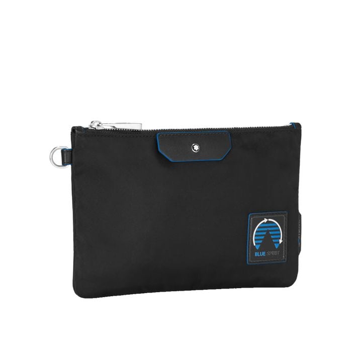 This is the ECONYL® Small Blue Spirit Pouch designed by Montblanc. 