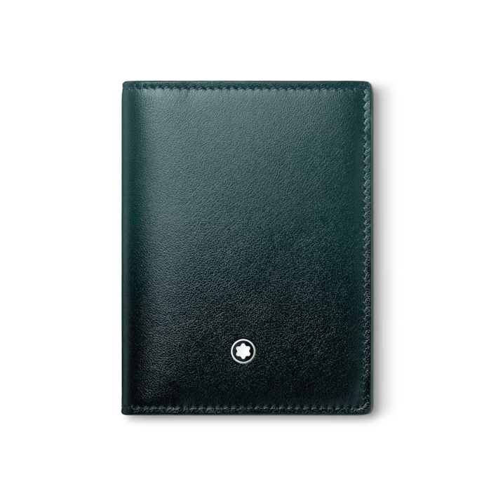 This Montblanc Meisterstück Sfumato British Green 4CC Card Holder has the iconic snowcap emblem on the exterior for branding.