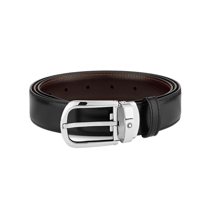 Montblanc Classic Line reversible belt coiled view to represent size and portability.