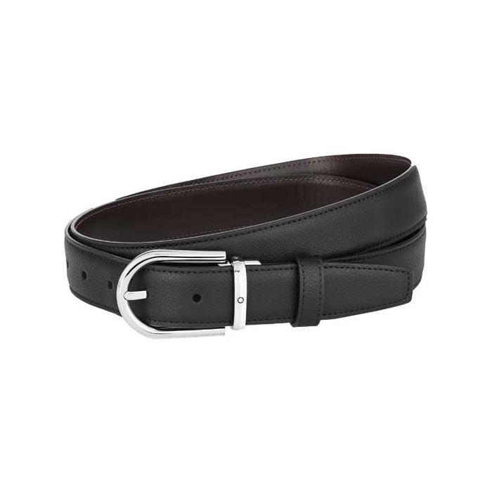 This is the Montblanc Polished Palladium Reversible Black/Brown Horseshoe Pin Buckle Business Line Belt.