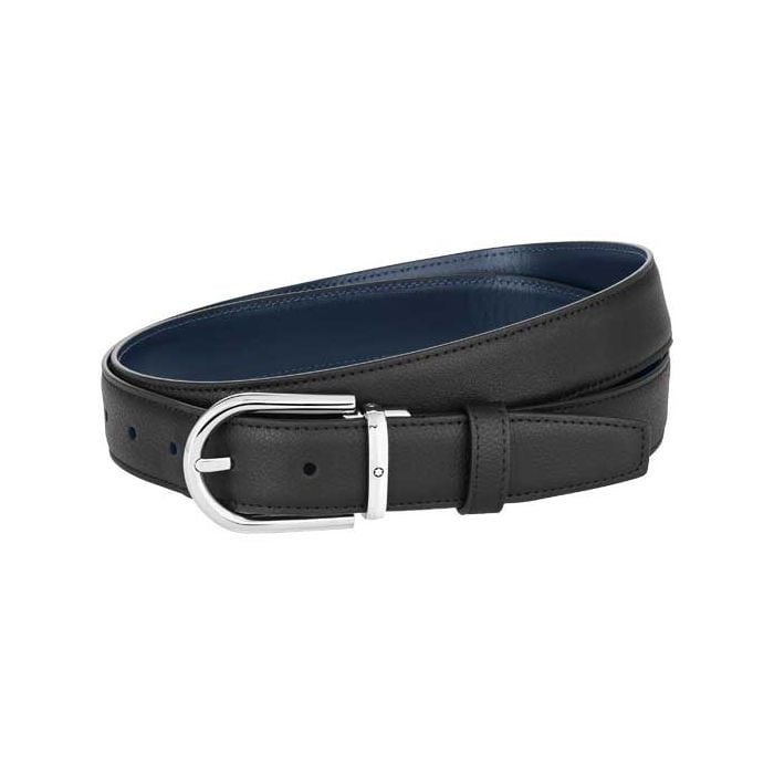 This is the Polished Palladium & Black/Blue Leather Horseshoe Pin Buckle Business Line Belt designed by Montblanc. 